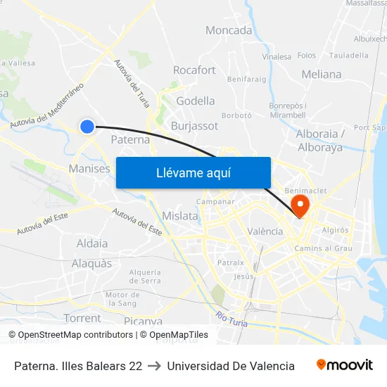 Paterna. Illes Balears 22 to Universidad De Valencia map