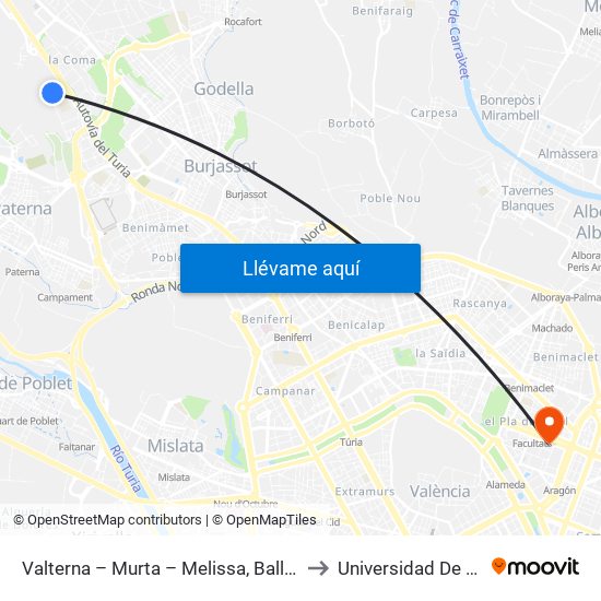 Valterna – Murta – Melissa, Ballesol [Paterna] to Universidad De Valencia map