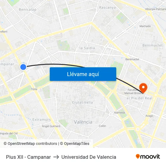 Pius XII - Campanar to Universidad De Valencia map