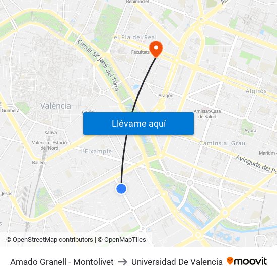 Amado Granell - Montolivet to Universidad De Valencia map