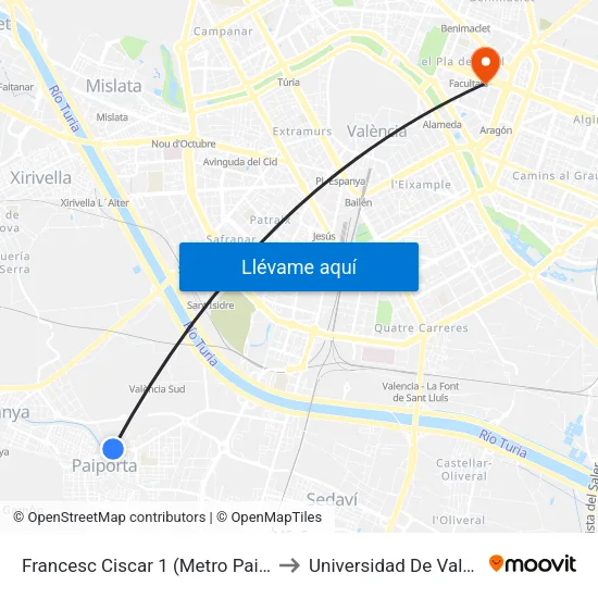 Francesc Ciscar 1 (Metro Paiporta) to Universidad De Valencia map