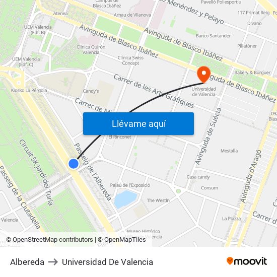 Albereda to Universidad De Valencia map