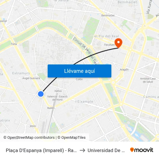 Plaça D'Espanya (Imparell) - Ramón Y Cajal to Universidad De Valencia map
