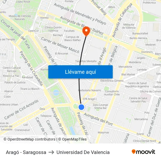 Aragó - Saragossa to Universidad De Valencia map