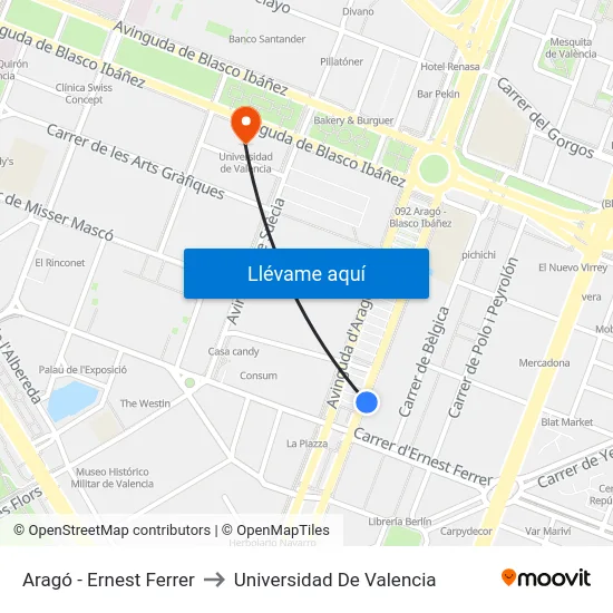 Aragó - Ernest Ferrer to Universidad De Valencia map
