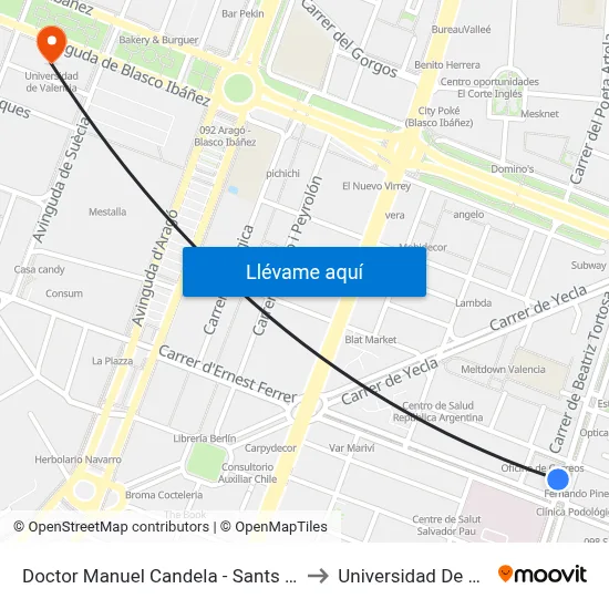 Doctor Manuel Candela - Sants Just I Pastor to Universidad De Valencia map