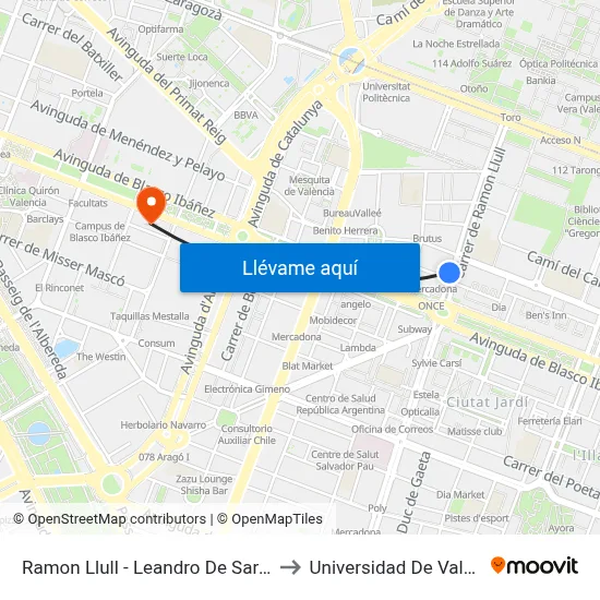 Ramon Llull - Leandro De Saralegui to Universidad De Valencia map