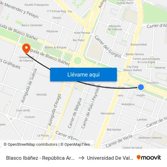 Blasco Ibáñez - República Argentina to Universidad De Valencia map