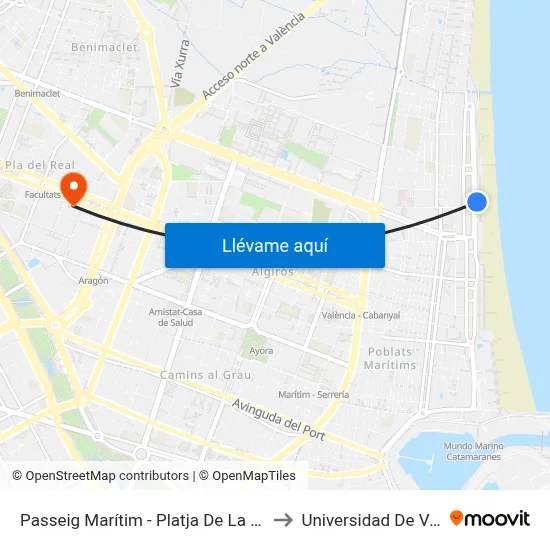Passeig Marítim - Platja De La Malva-Rosa to Universidad De Valencia map