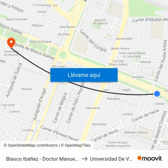 Blasco Ibáñez - Doctor Manuel Candela to Universidad De Valencia map