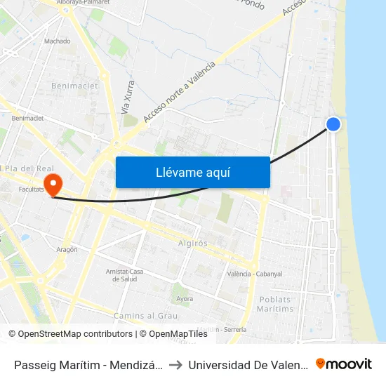 Passeig Marítim - Mendizábal to Universidad De Valencia map