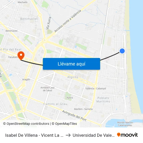 Isabel De Villena - Vicent La Roda to Universidad De Valencia map