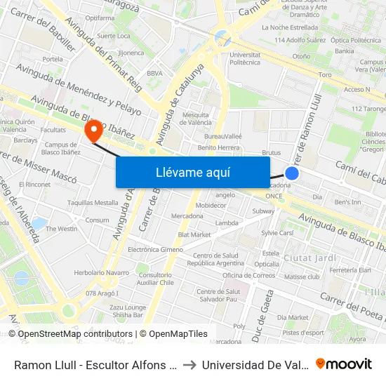 Ramon Llull - Escultor Alfons Gabino to Universidad De Valencia map