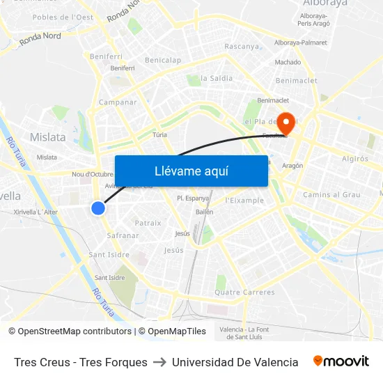 Tres Creus - Tres Forques to Universidad De Valencia map