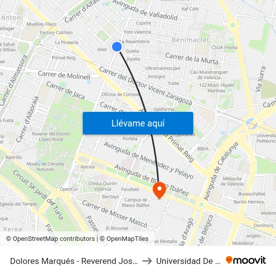 Dolores Marqués - Reverend José María Pinazo to Universidad De Valencia map