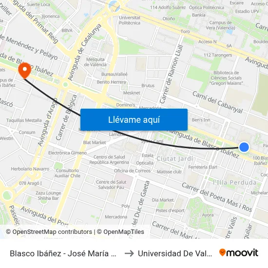 Blasco Ibáñez - José María Orense to Universidad De Valencia map