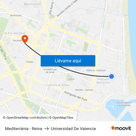 Mediterrània - Reina to Universidad De Valencia map