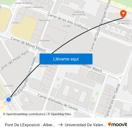 Pont De L'Exposició - Albereda to Universidad De Valencia map