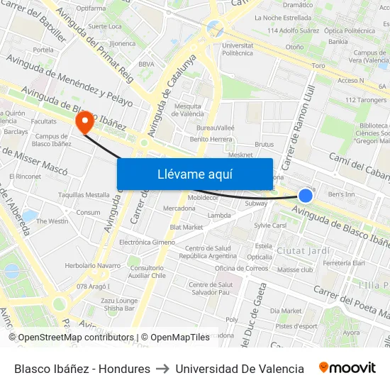 Blasco Ibáñez - Hondures to Universidad De Valencia map