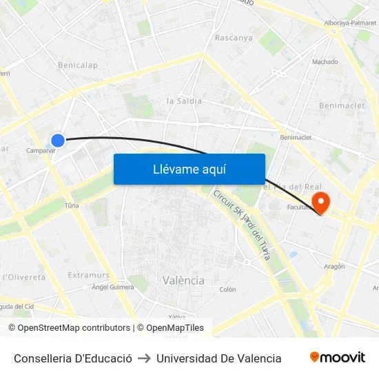 Conselleria D'Educació to Universidad De Valencia map