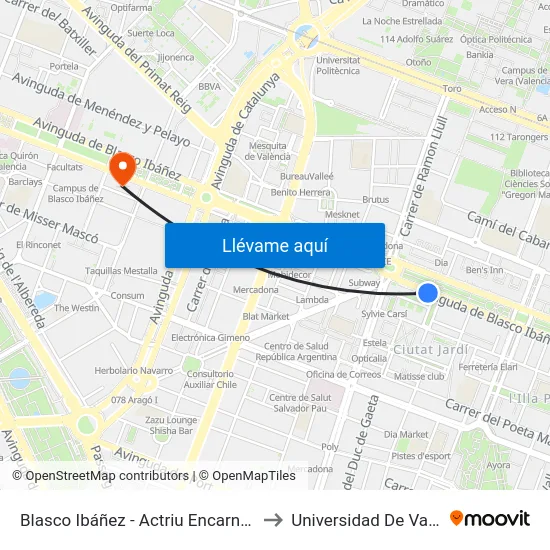 Blasco Ibáñez - Actriu Encarna Máñez to Universidad De Valencia map