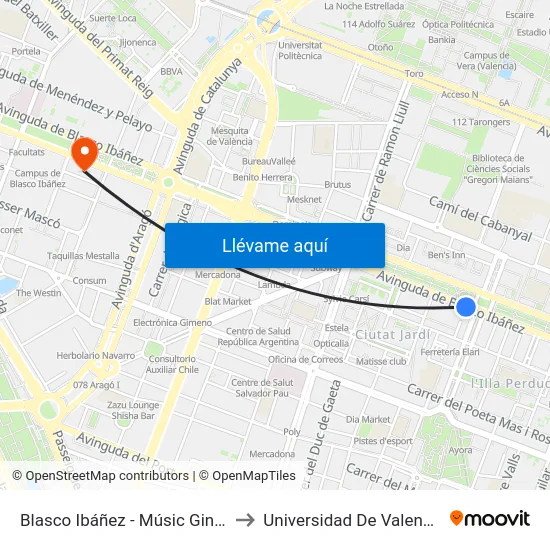Blasco Ibáñez - Músic Ginés to Universidad De Valencia map