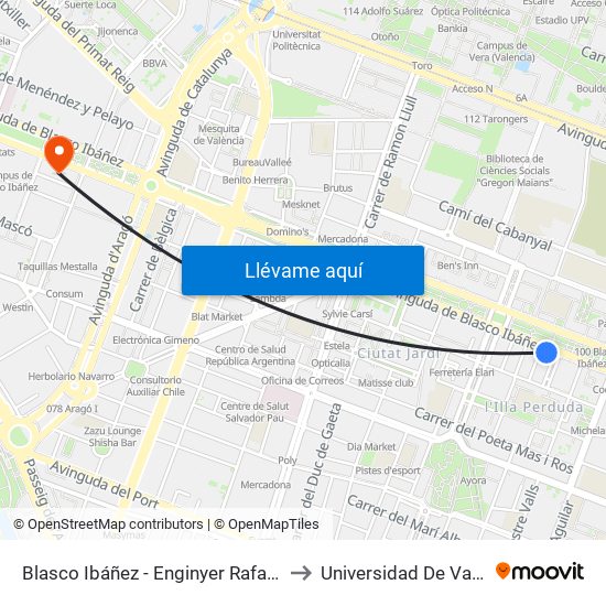Blasco Ibáñez - Enginyer Rafael Janini to Universidad De Valencia map