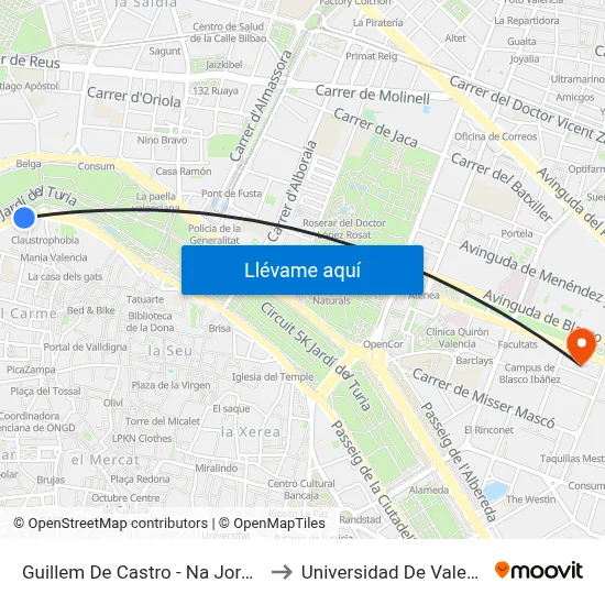Guillem De Castro - Na Jordana to Universidad De Valencia map