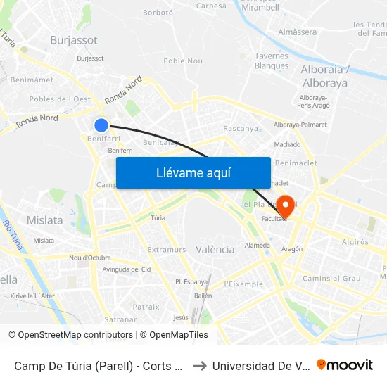 Camp De Túria (Parell) - Corts Valencianes to Universidad De Valencia map