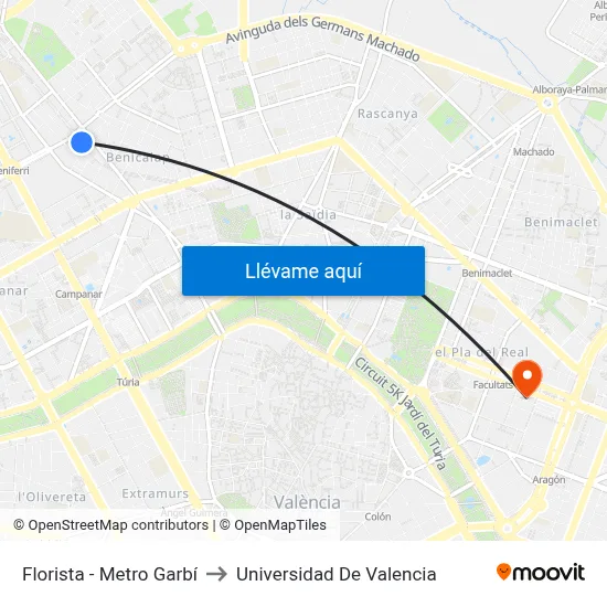 Florista - Metro Garbí to Universidad De Valencia map