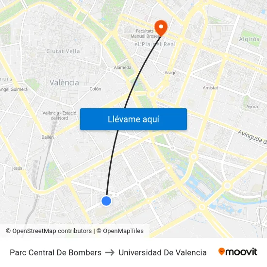 Parc Central De Bombers to Universidad De Valencia map