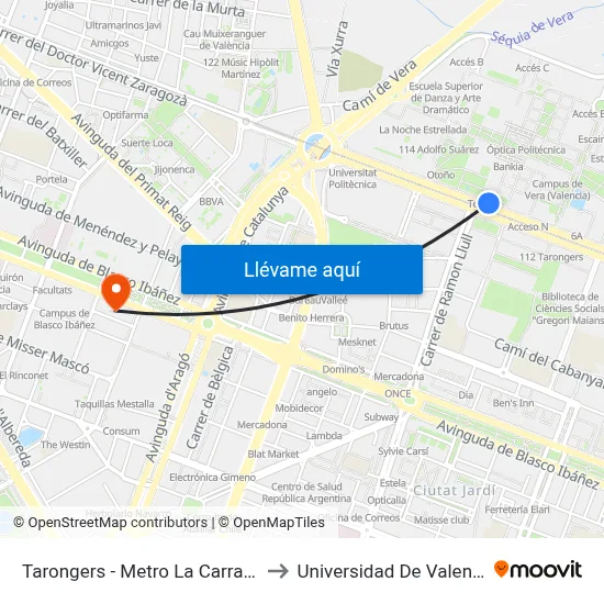 Tarongers - Metro La Carrasca to Universidad De Valencia map