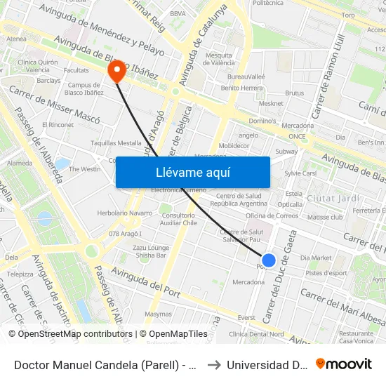 Doctor Manuel Candela (Parell) - Rodríguez De Cepeda to Universidad De Valencia map