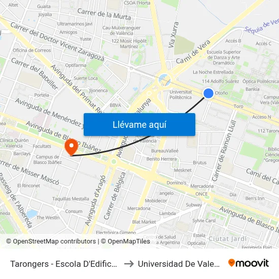 Tarongers - Escola D'Edificació to Universidad De Valencia map