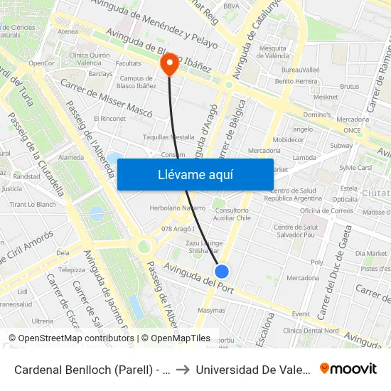 Cardenal Benlloch (Parell) - Port to Universidad De Valencia map