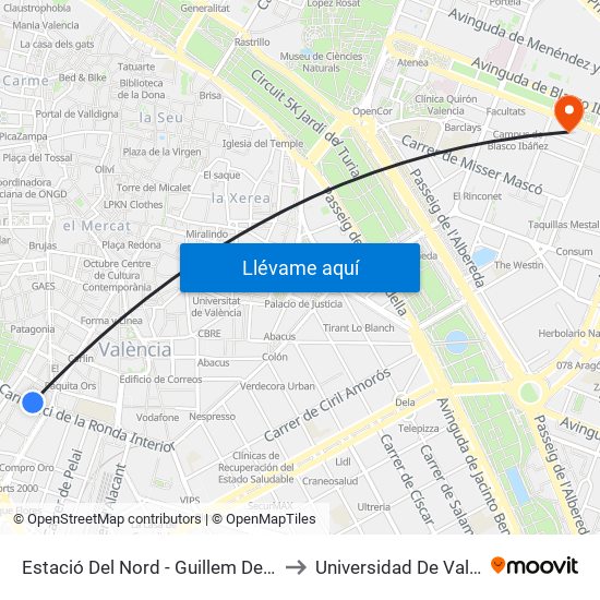 Estació Del Nord - Guillem De Castro to Universidad De Valencia map