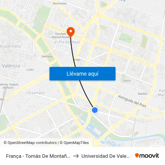 França - Tomás De Montañana to Universidad De Valencia map
