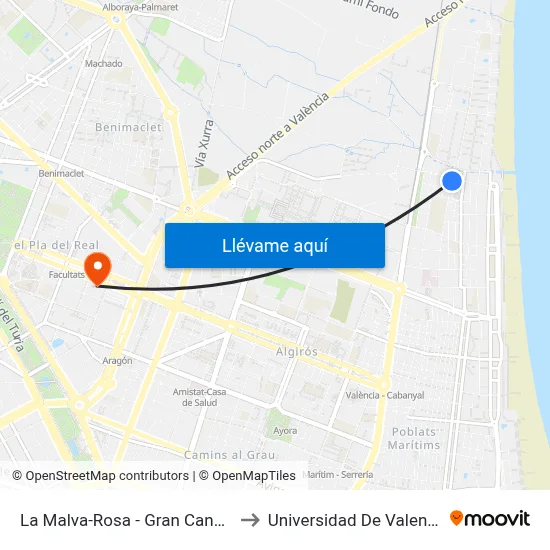 La Malva-Rosa - Gran Canària to Universidad De Valencia map
