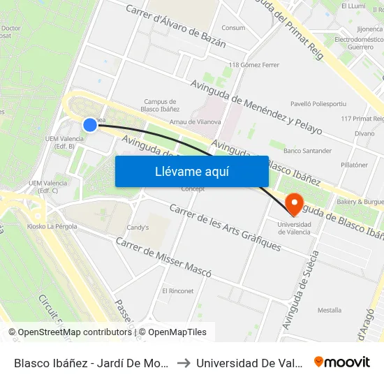 Blasco Ibáñez - Jardí De Monforte to Universidad De Valencia map
