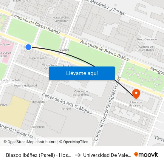 Blasco Ibáñez (Parell) - Hospitals to Universidad De Valencia map