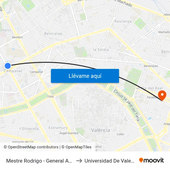 Mestre Rodrigo - General Avilés to Universidad De Valencia map