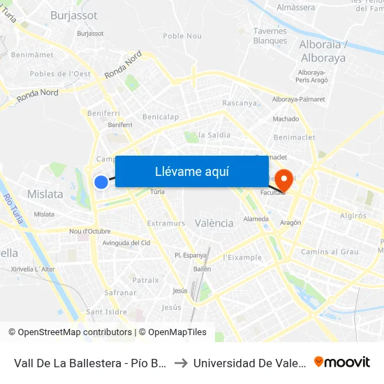 Vall De La Ballestera - Pío Baroja to Universidad De Valencia map