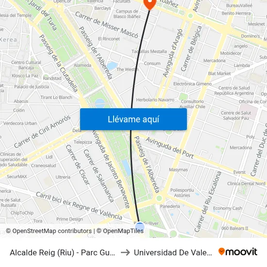 Alcalde Reig (Riu) - Parc Gulliver to Universidad De Valencia map