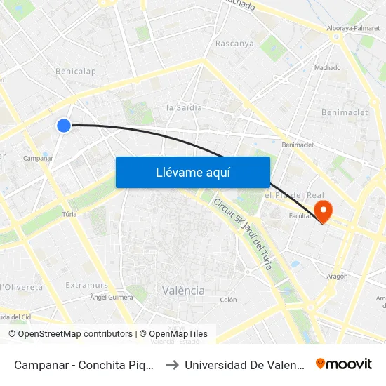 Campanar - Conchita Piquer to Universidad De Valencia map