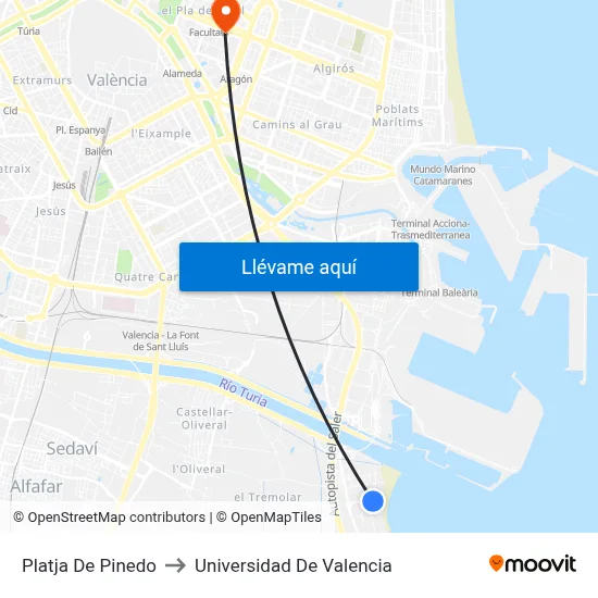 Platja De Pinedo to Universidad De Valencia map