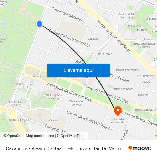 Cavanilles - Álvaro De Bazán to Universidad De Valencia map