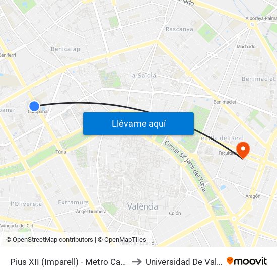 Campanar to Universidad De Valencia map