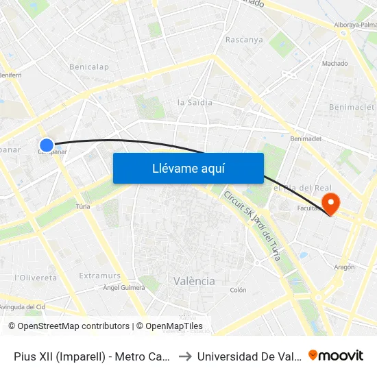 Pius XII (Imparell) - Metro Campanar to Universidad De Valencia map