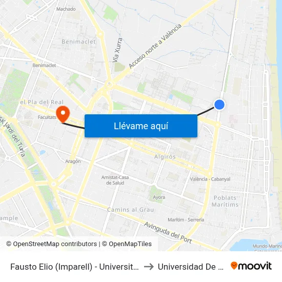 Fausto Elio (Imparell) - Universitat Politècnica to Universidad De Valencia map