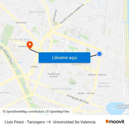 Lluís Peixó - Tarongers to Universidad De Valencia map
